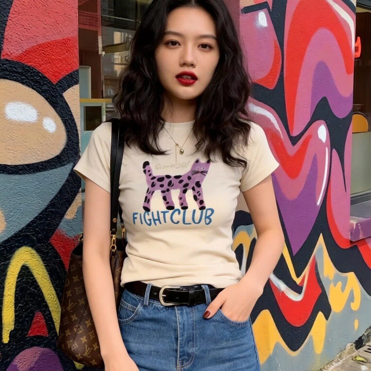 夏季美式喵咪印花修身短袖T恤女图片