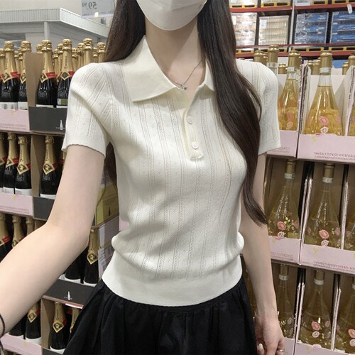 miu系小众POLO领提花短袖针织衫