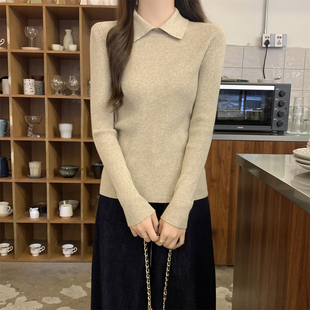 修身 女春秋冬季 软糯打底毛衣女内搭上衣 别致polo领坑条针织衫 法式