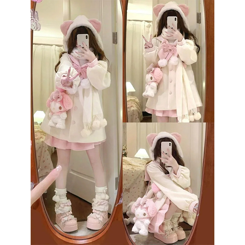 毛呢中长款外套甜美半裙两件套