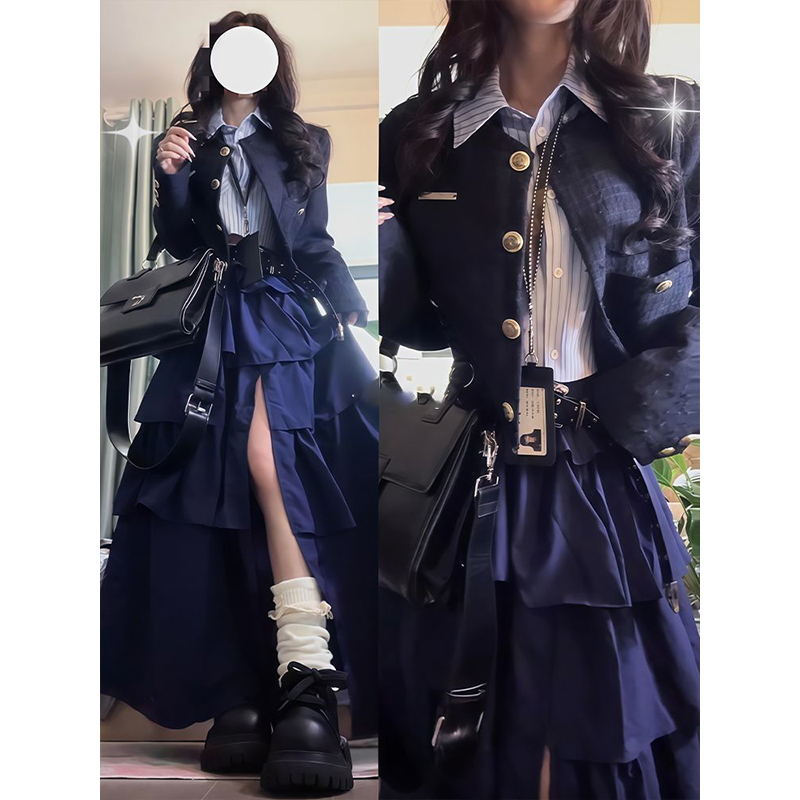 外套开叉蛋糕半裙衬衫三件套装