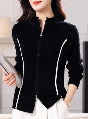 欧货特级天鹅绒不起球黑色拉链开衫半高领显瘦鱼骨线毛衣2025秋女