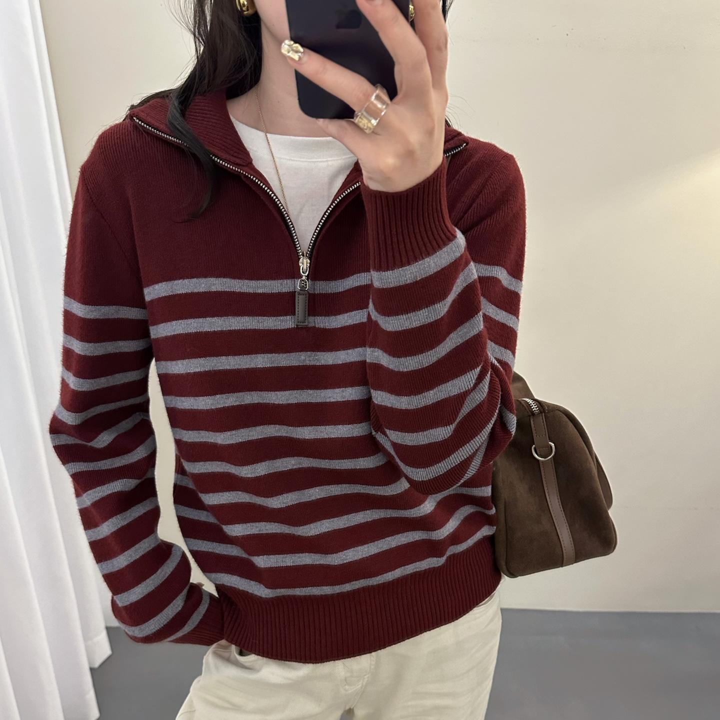 本店实拍&欧货羊毛衫半拉链条纹加厚秋冬新款毛衣半高领气质女装