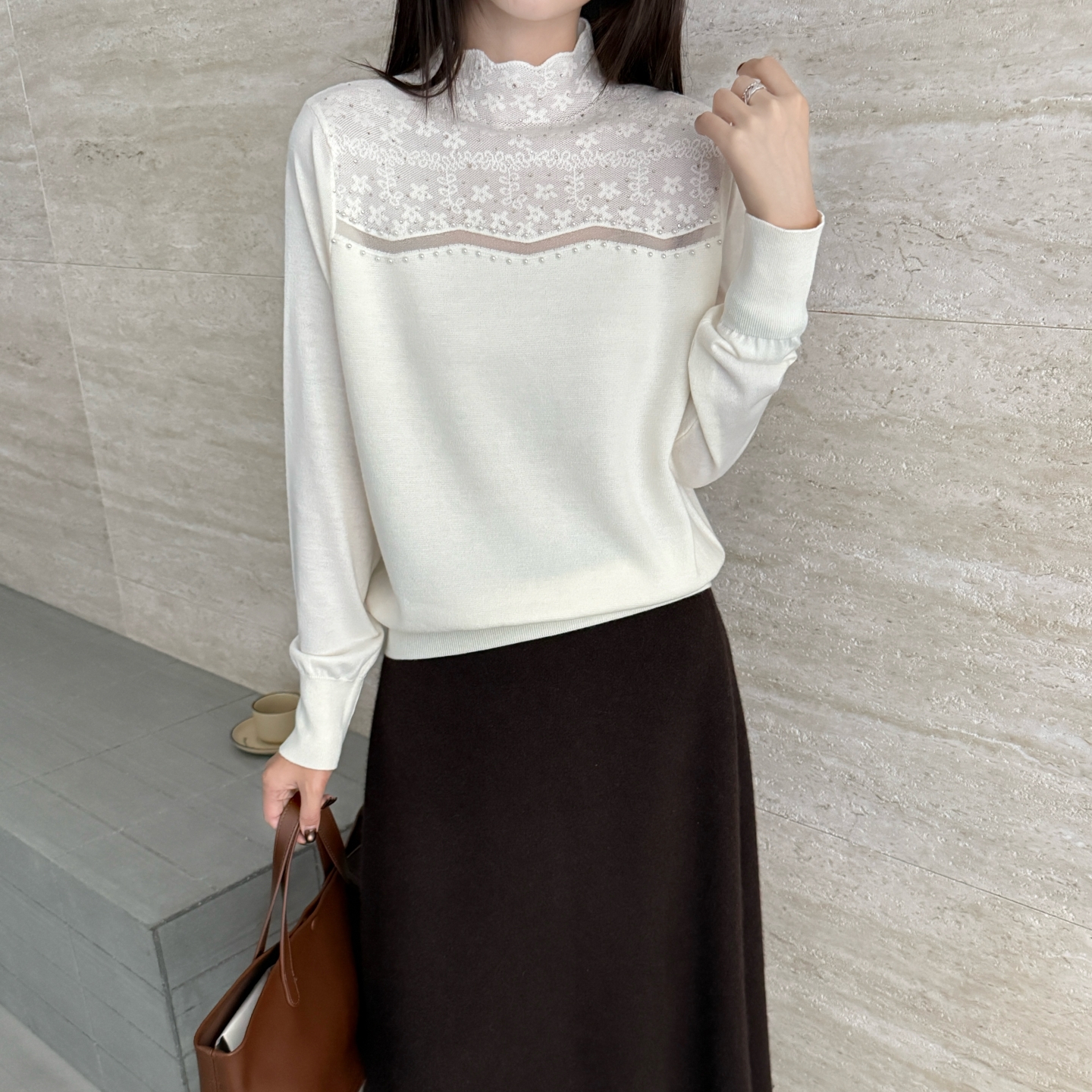 本店实拍&欧货羊毛秋冬新款打底衫蕾丝花边半高领满天星毛衣女装