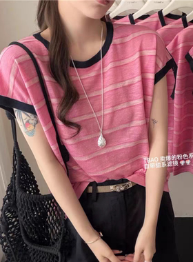 韩系轻奢草莓粉竹节麻T恤黑边甜美下摆开叉条纹针织衫T恤上衣女装