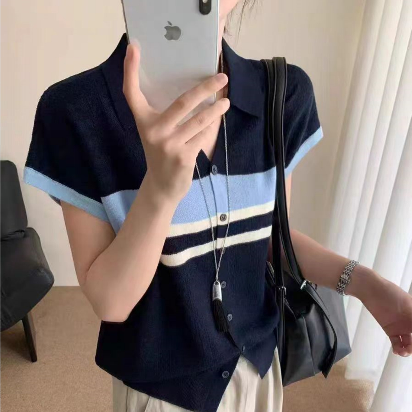 欧货羊毛衫欧根纱浮雕短袖高品质上衣polo领拼色条纹针织毛衣女装