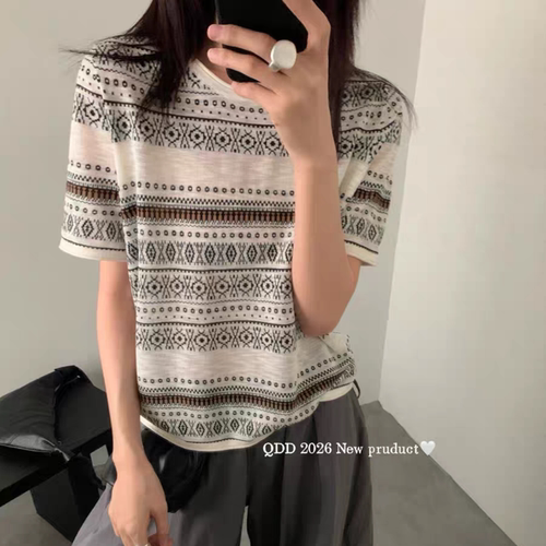 欧货竹节麻复古费尔岛风短袖针织衫女黑白宽松圆领质感上衣宽松女