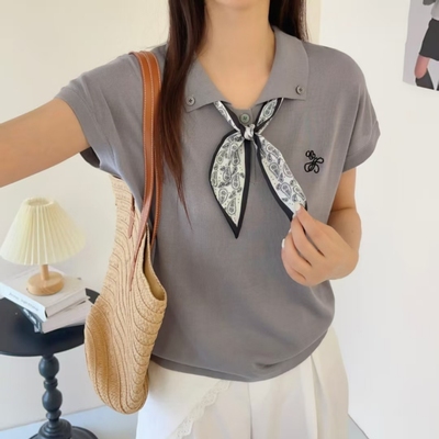 欧货莱赛尔天丝短袖针织衫T恤夏新款高级感上衣丝带polo领韩版女