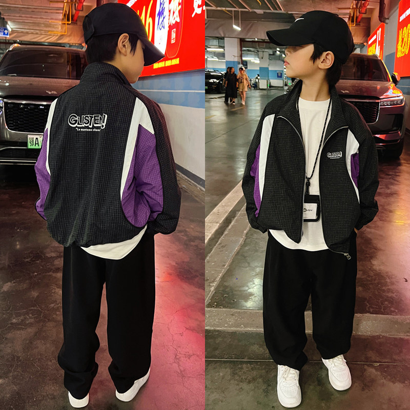 【现货】2024秋款新品男童格子拼接外套中大童宽松夹克儿童外套潮