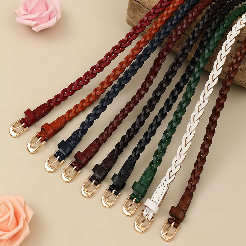 头层牛皮编织细腰带女士连衣裙大衣装饰带文艺简约百搭真皮窄款