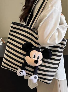 大容量条纹托特包女士2026新款时尚可爱卡通米奇手提袋装书帆布包