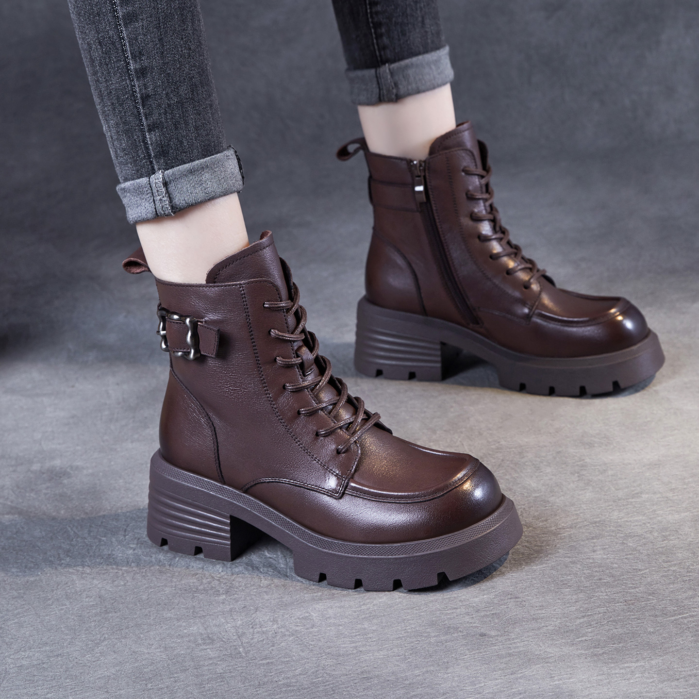 巨好看真皮厚底全皮软底靴高帮鞋