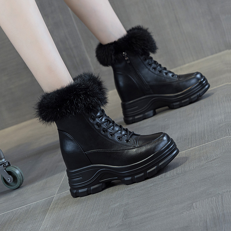 皮面冬天短靴内增高10cm雪地靴女