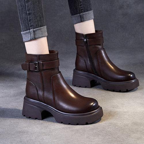 头层牛皮棕色瘦瘦机车骑士马丁靴