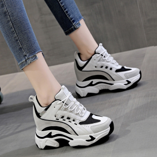 厚底秋冬百搭休闲运动鞋 真皮高跟老爹鞋 女ins潮内增高10cm松糕鞋