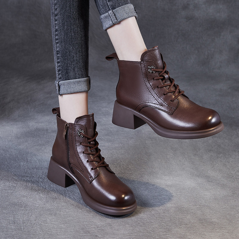 英伦风瘦瘦棕色真皮软底皮靴子女