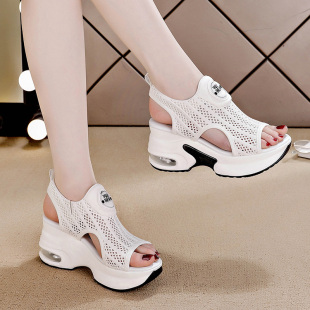 飞织坡跟休闲鞋 夏季 女小个子内增高厚底镂空透气2025新款 运动凉鞋