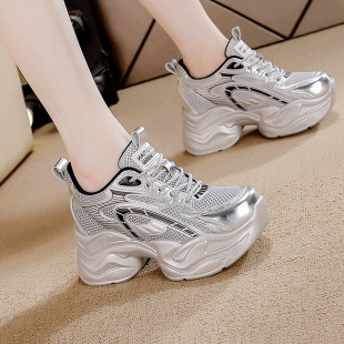内增高女鞋 银色老爹鞋 春夏爆款 休闲厚底网面透气2025新款 子 女时尚