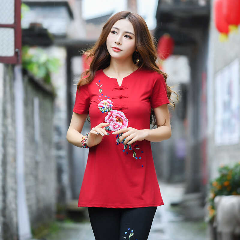 广场舞服装上衣夏装中国风女装短袖刺绣修身打底衫纯棉民族风t恤