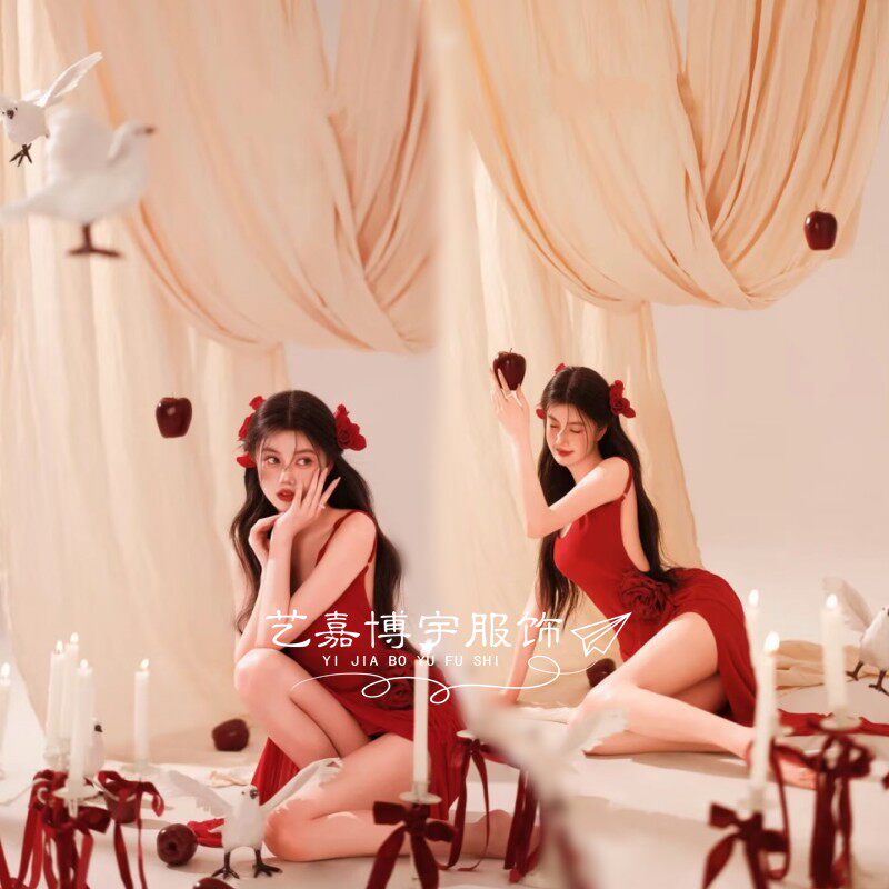 影楼新款红色写真主题氛围感礼服个人写真摄影照甜美风艺术照服装