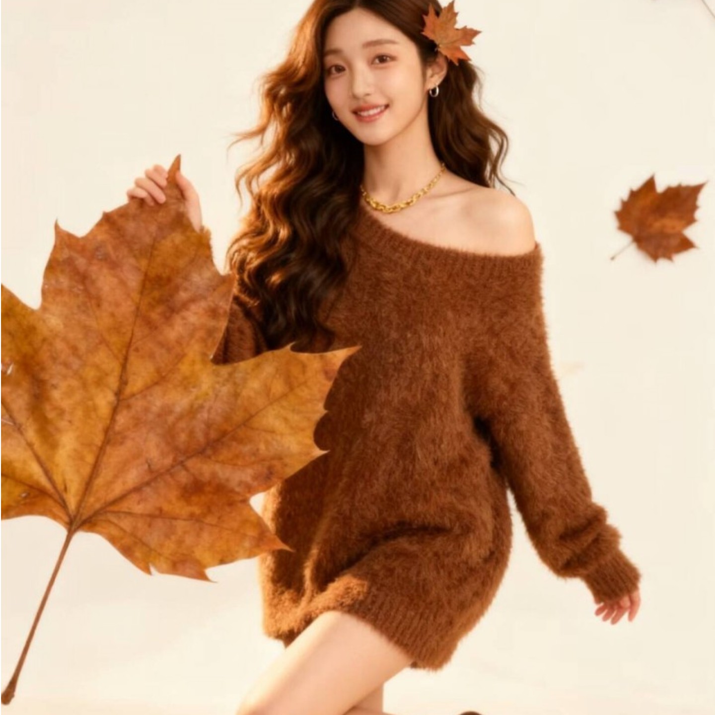 影楼新款秋季枫叶少女感慵懒风毛衣甜美居家艺术照小清新摄影服装