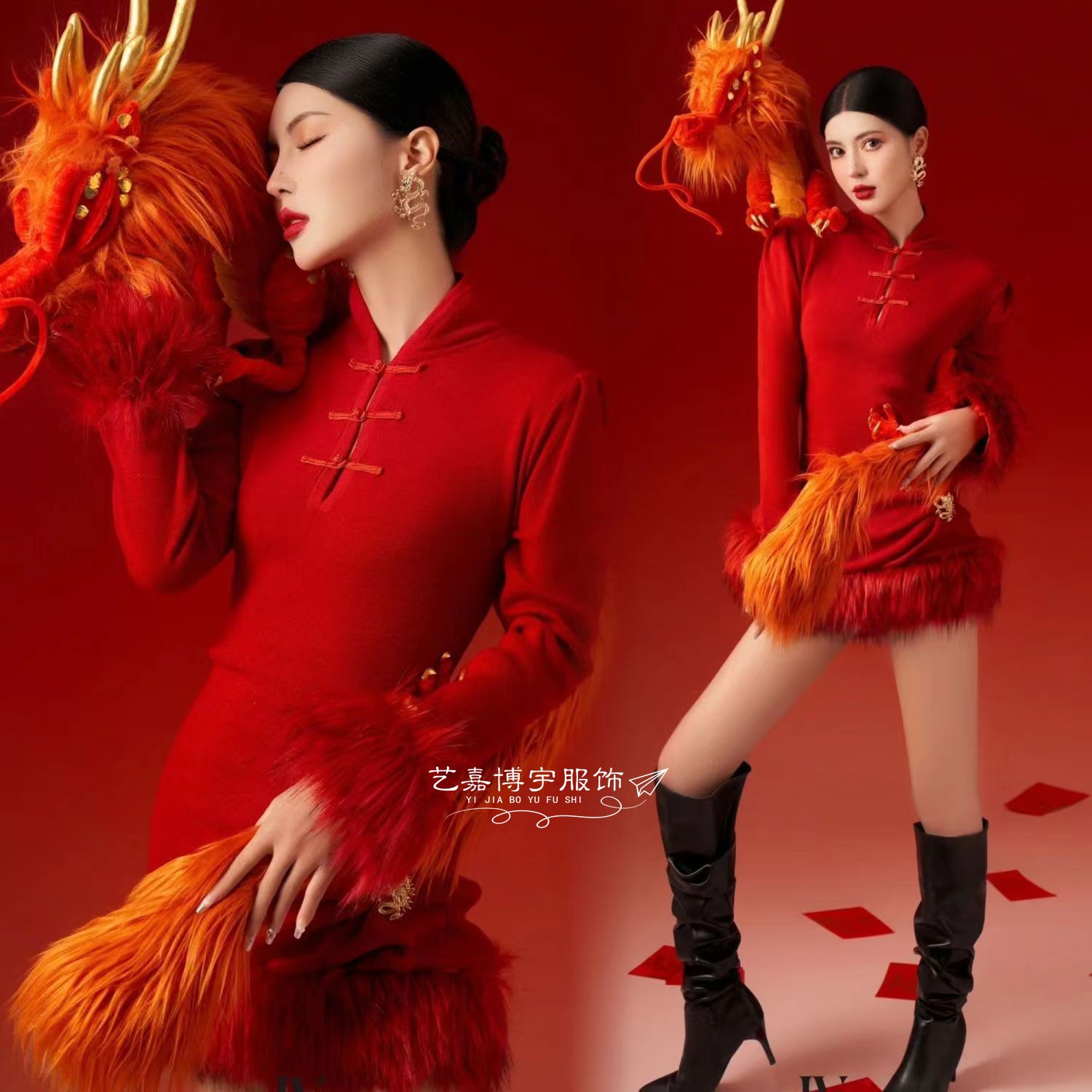 复古红色旗袍少女艺术照摄影