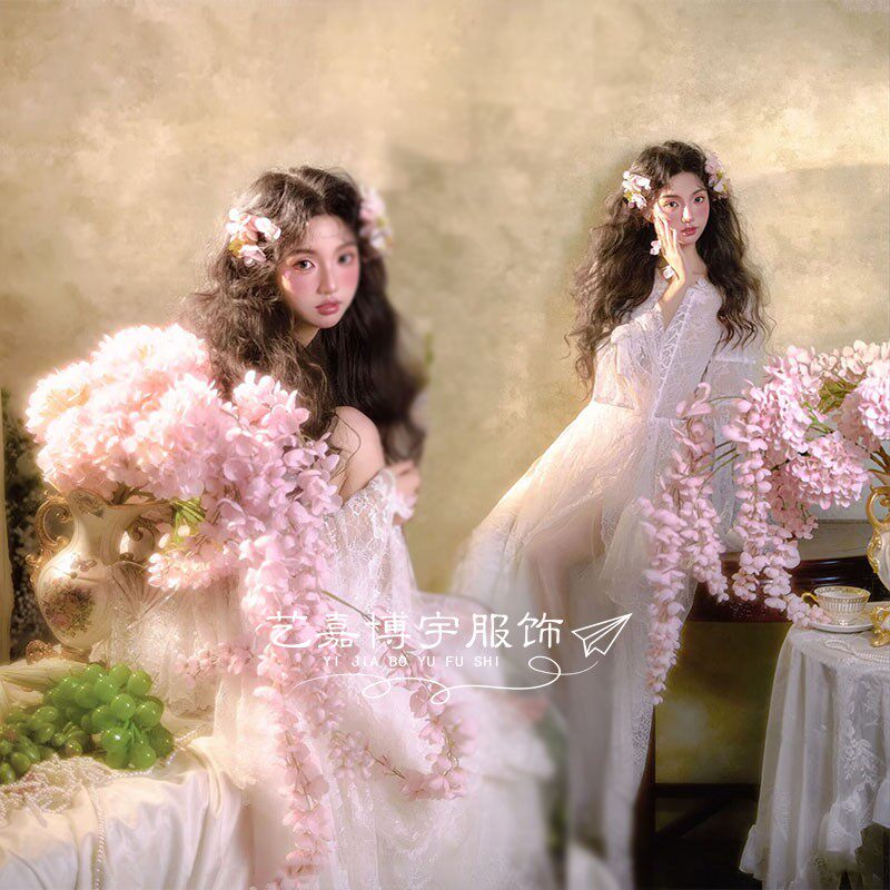 新款影楼拍照主题纯色蕾丝连衣长裙少女简约风油画艺术照摄影服装