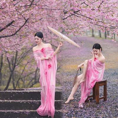 国风禅意扎染V领连衣裙影楼拍照