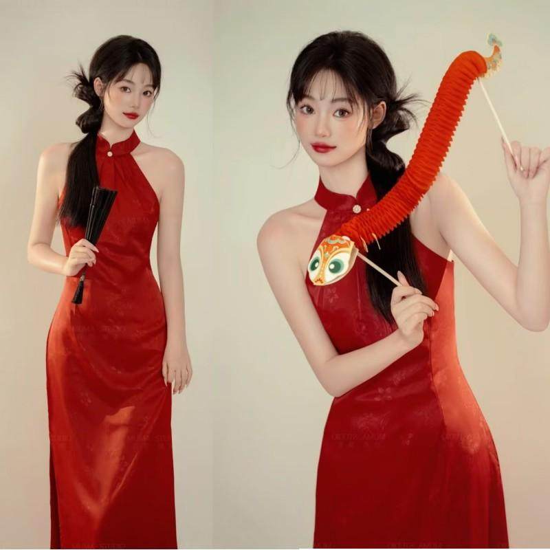 影楼新年主题摄影服装红色国风中式旗袍敬酒服新娘晨袍艺术照写真