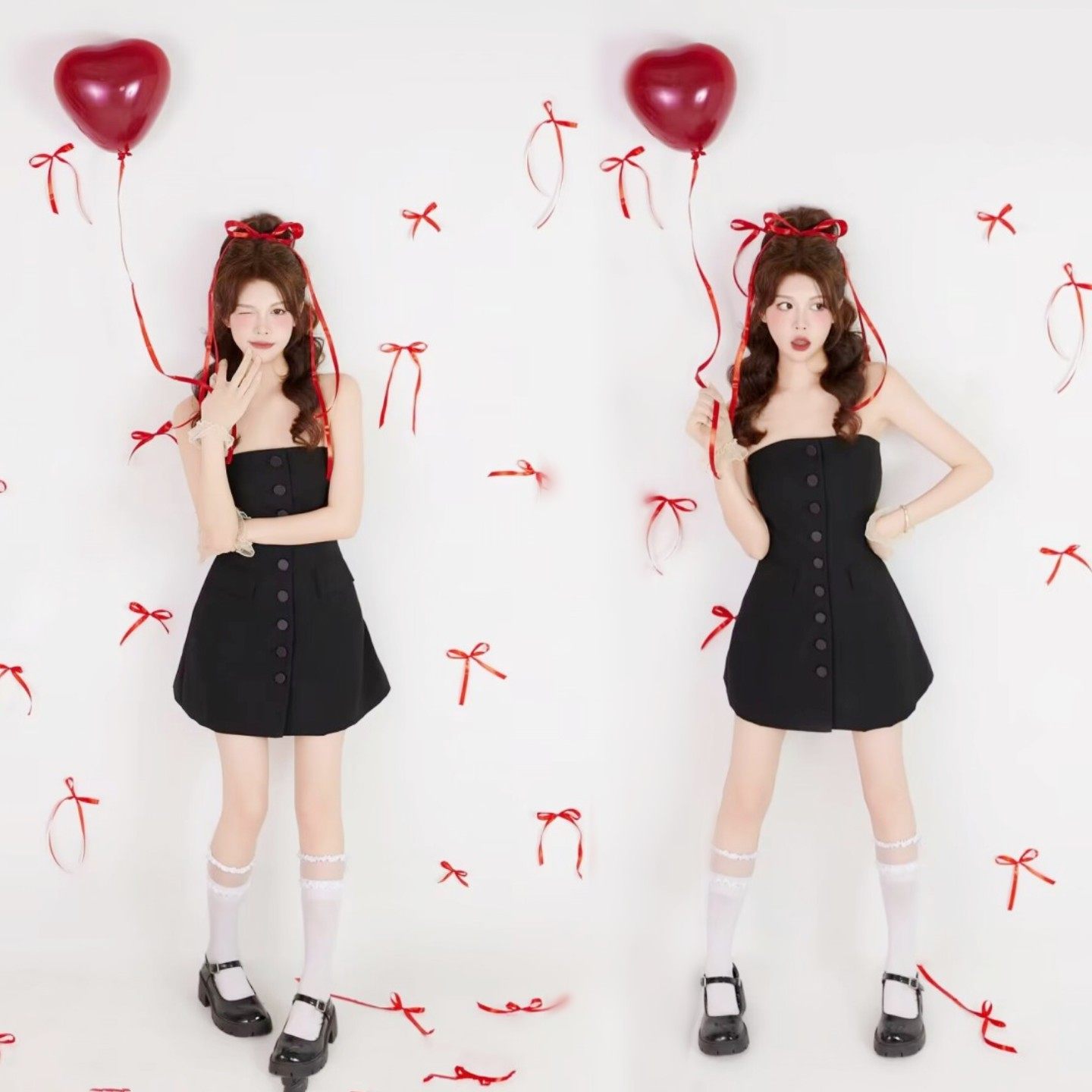 影楼拍照新款韩系少女纽扣装饰千金风黑色抹胸裙生日主题写真服装