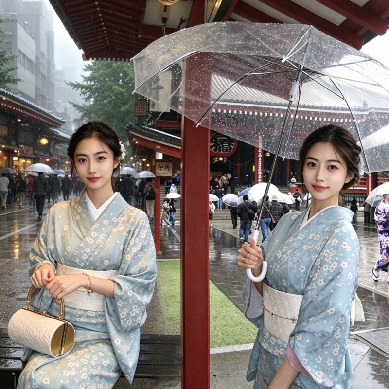 影楼新款日式清新淡蓝小樱花和服浴衣街道雨天氛围感写真摄影服装