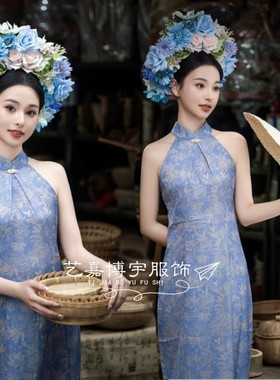 泉州新款浔埔女簪花复古蓝色旗袍写真服装外景旅拍民族艺术照摄影