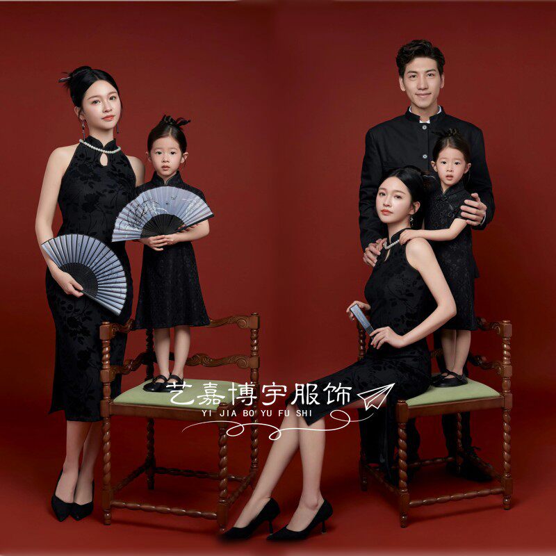 全家福摄影服装一家三口复古风旗袍新款中式家庭装影楼拍照亲子装