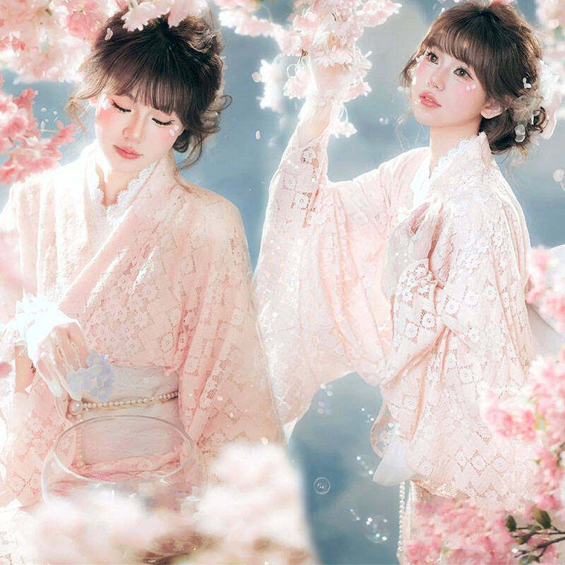 影楼改良和服粉色蕾丝浴衣写真