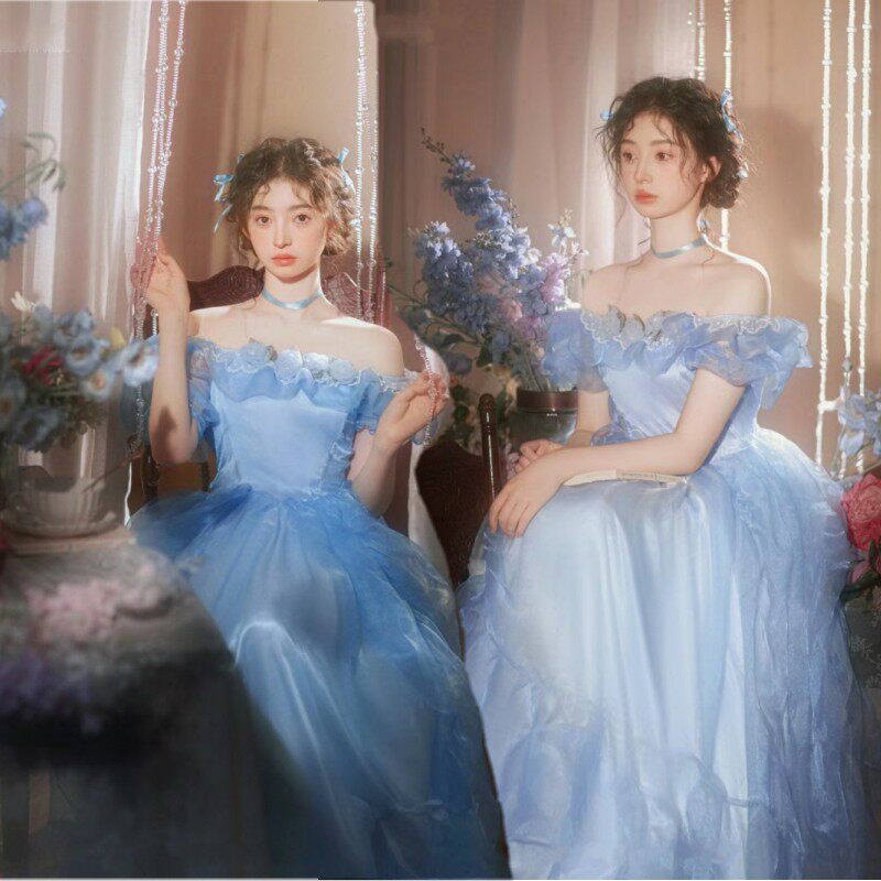影楼摄影新款个人写真服装复古油画风小清新文艺少女蓝色裙艺术照