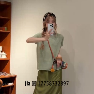 2026夏季新品短袖针果绿色针织衫女 价私