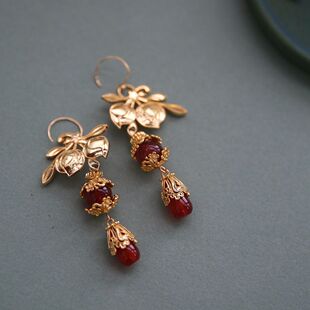 现货桃夭兰亭别院复古桃子耳饰小众设计感个性耳钩旗袍汉服耳坠女