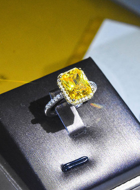 新款欧美奢华镶嵌黄钻双色戒指 经典公主方形粉水晶开口订婚女戒