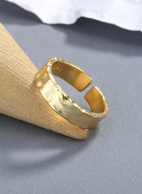 S925纯银不规则凹凸面金银锡箔纸开口个性复古戒指指环女银饰批发