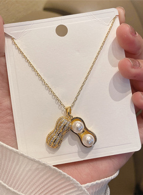 微镶锆石花生项链韩版百搭气质个性珍珠锁骨链长款气质吊坠毛衣链