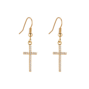 S925银耳环十字架水钻珍珠耳坠女夸张欧美气质冷淡风长款耳钉耳饰