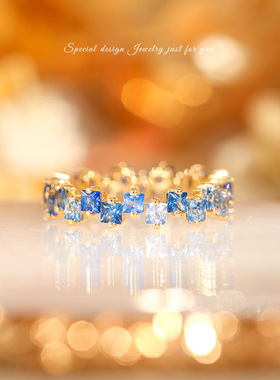 糖果系柔蓝戒指 彩虹系列镀18K金镶嵌彩色蓝宝石女轻奢排戒尾戒