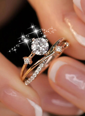 新款直播货源1克拉仿真莫桑石星轨戒指女玫瑰金时尚设计开口婚戒