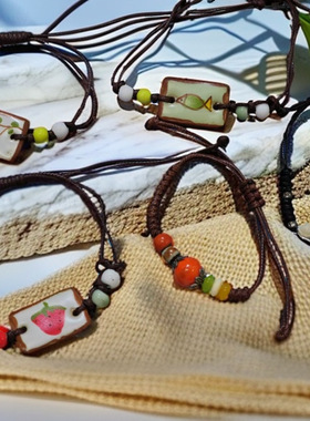 新款手工编织小众复古单圈手绳ins风可调节 极简陶瓷小清新秋冬款