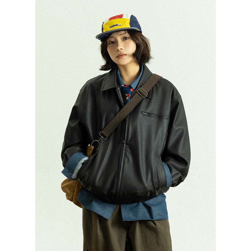 GoodNorth春季痞帅黑色短款皮衣外套男女同款中性风休闲翻领夹克,女装/女士精品,皮衣,淘宝优惠券,粉丝福利购,淘宝优惠卷