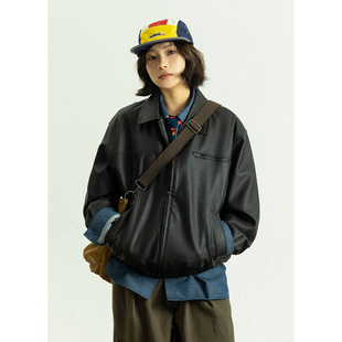 GoodNorth春季痞帅黑色短款皮衣外套男女同款中性风休闲翻领夹克