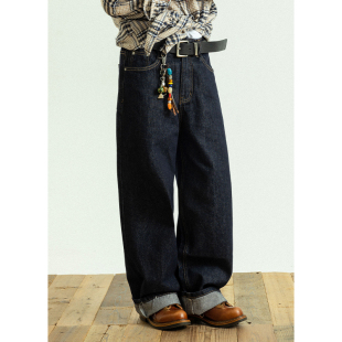 微喇宽松阔腿裤 直筒长裤 子 男女款 GoodNorth水洗复古深蓝色牛仔裤