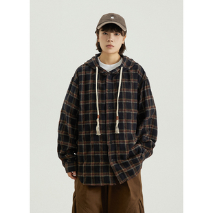 GoodNorth日系复古格子连帽衬衫中性男女同款宽松长袖衬衣薄外套