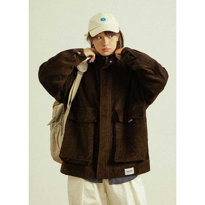 复古立领男女同款灯芯绒上衣外套