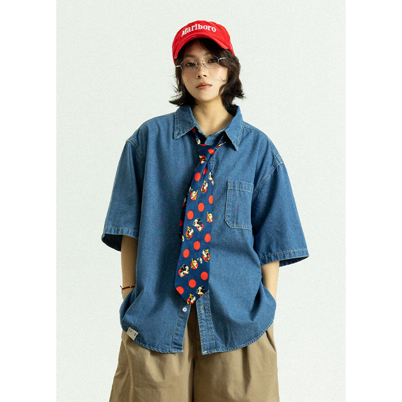 GoodNorth日系宽松牛仔蓝短袖衬衫男女同款夏季水洗廓形休闲衬衣